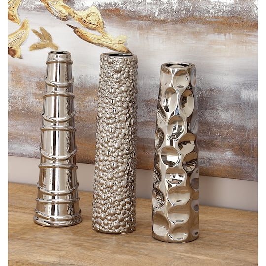 12" Silver Ceramic Abstract Glam Vase Set